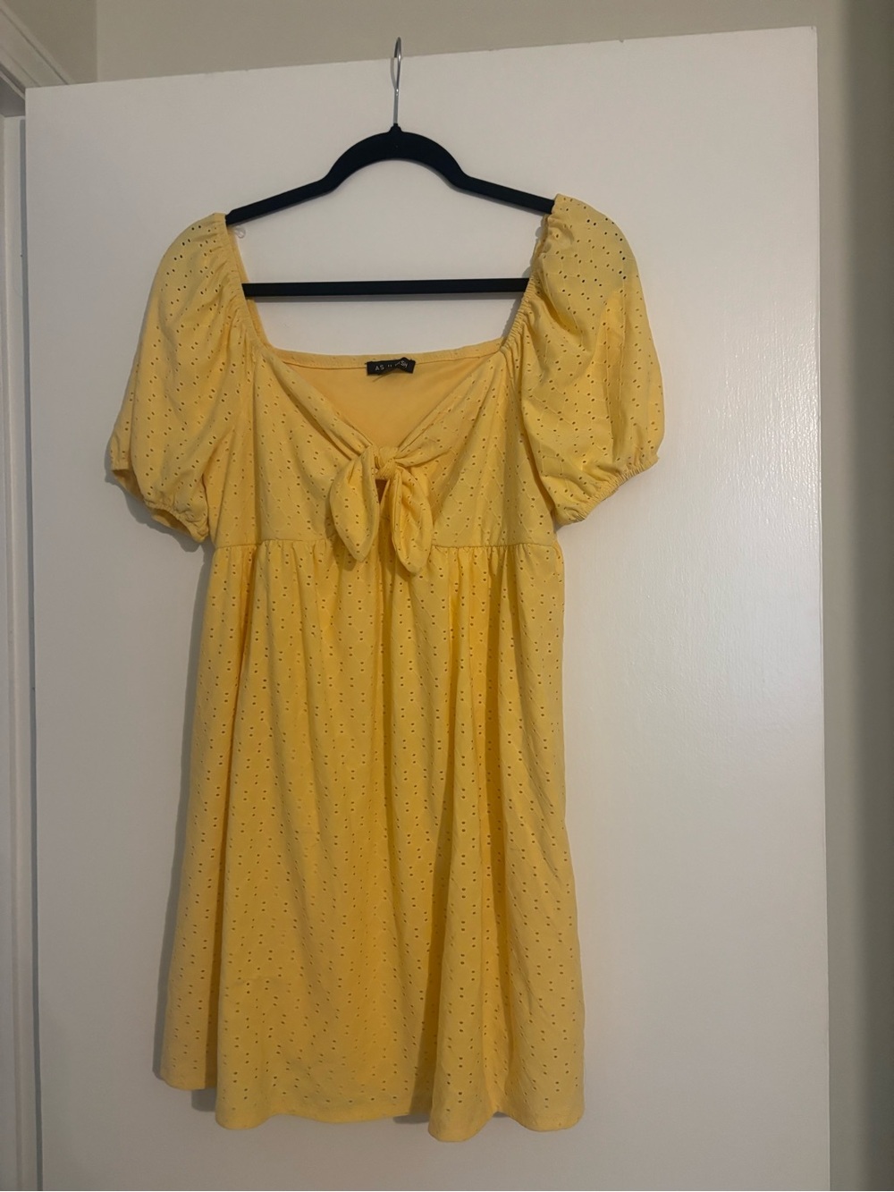 As U Wish Yellow Eyelet Tie-Front Puff Sleeve Mini Dress